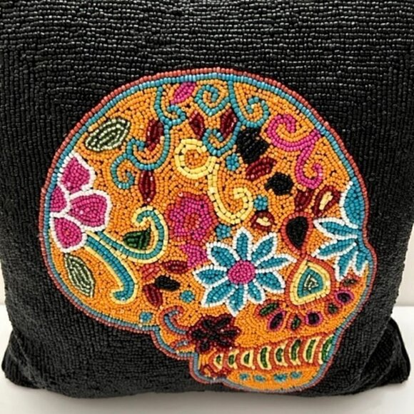 Sugar Skull Beaded Colorful Square Throw Pillow - Picture 2 of 6